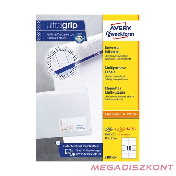 Etikett AVERY 3484-200 105x37 mm fehér univerzális 3520 címke/doboz 200+20 ív/doboz