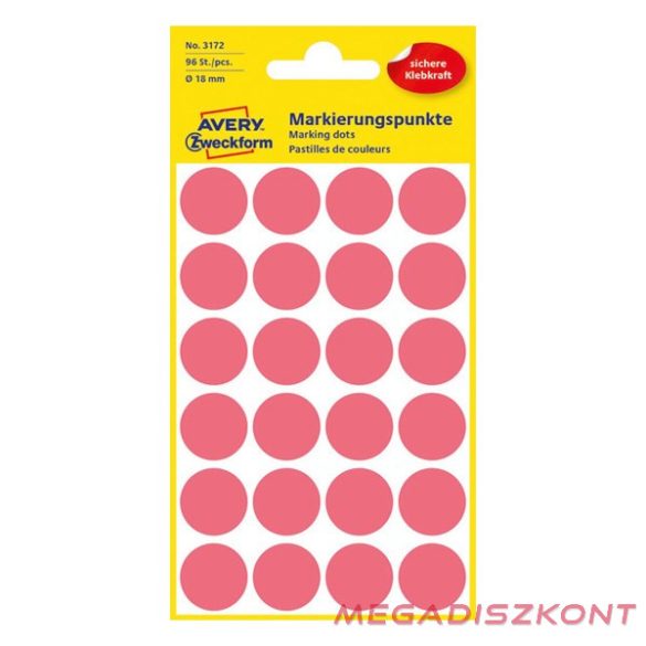 Etikett AVERY 3172 jelölőpont 18mm neon piros 96 címke/doboz 4 ív/doboz