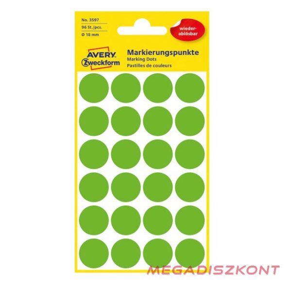 Etikett AVERY 3597 öntapadó jelölőpont zöld 18mm 96 jelölőpont/csomag