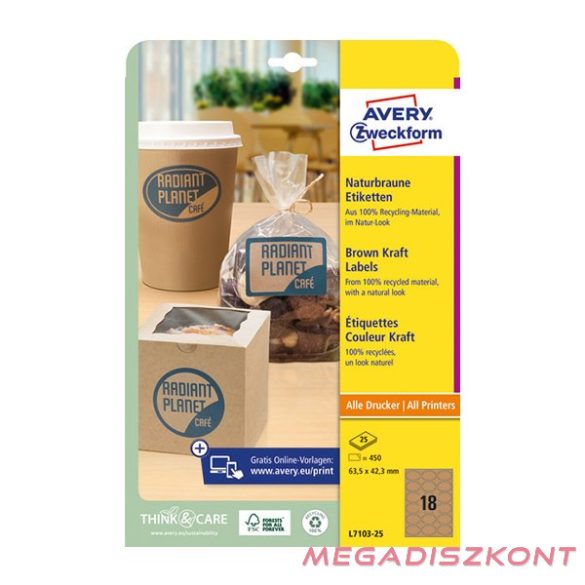 Etikett AVERY L7103-25 63,5x42,3 mm környezetbarát ovális barna kraft 25 ív/csomag