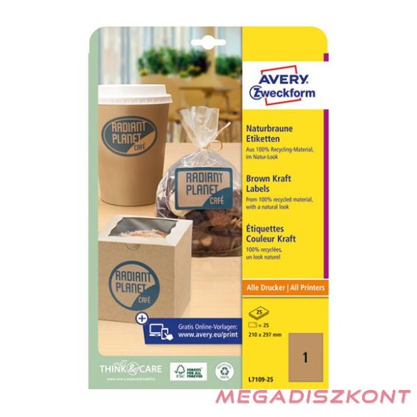 Etikett AVERY L7109-25 210x297 mm újrahasznosított barna kraft 25 ív/csomag