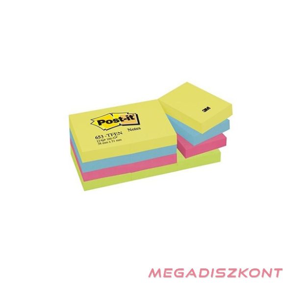 Öntapadós jegyzet 3M Post-it 38x51mm energikus színek 12x100 lap/csomag