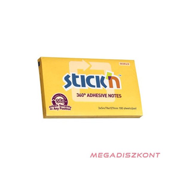 Öntapadó jegyzettömb STICK'N 76x127mm 360°-ban tapadó narancs 100 lap