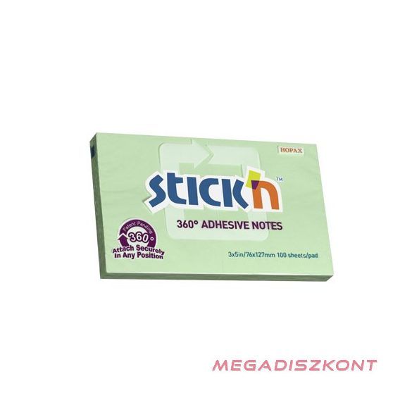 Öntapadó jegyzettömb STICK'N 76x127mm 360°-ban tapadó zöld 100 lap