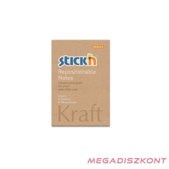 Öntapadó jegyzettömb STICK'N Kraft notes 76x51mm újrahasznosított natúr barna 100 lap