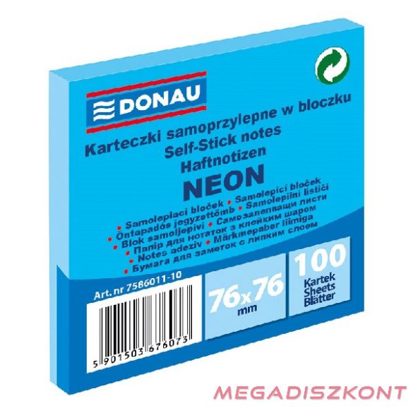 Öntapadó jegyzettömb DONAU 76x76 mm 100 lap neon kék