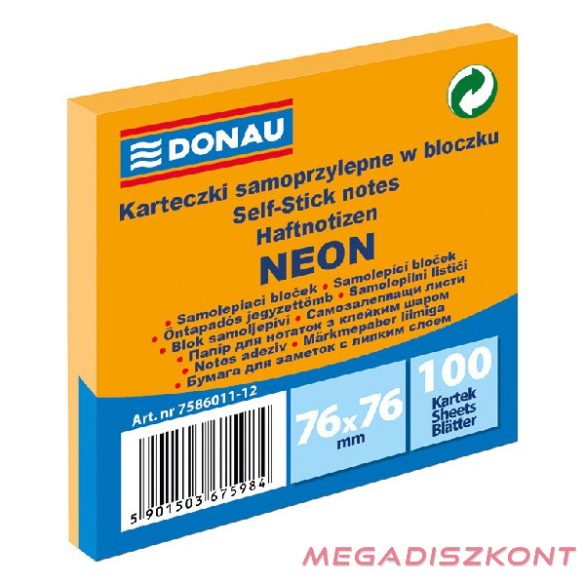 Öntapadó jegyzettömb DONAU 76x76 mm 100 lap neon narancssárga