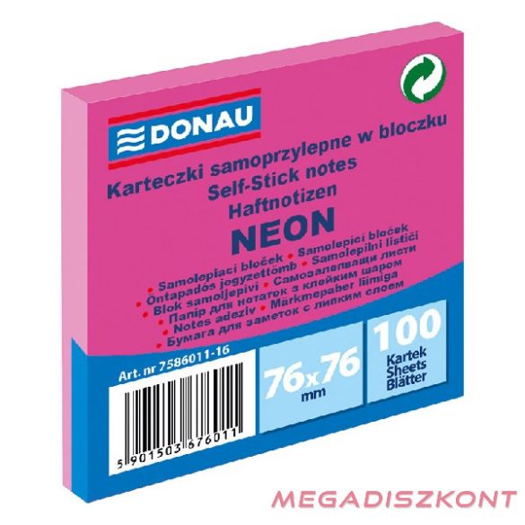 Öntapadó jegyzettömb DONAU 76x76 mm 100 lap neon rózsaszín