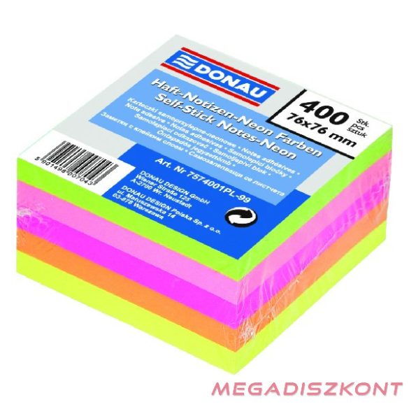 Öntapadó jegyzettömb DONAU 76x76 mm 400 lap vegyes neon színek