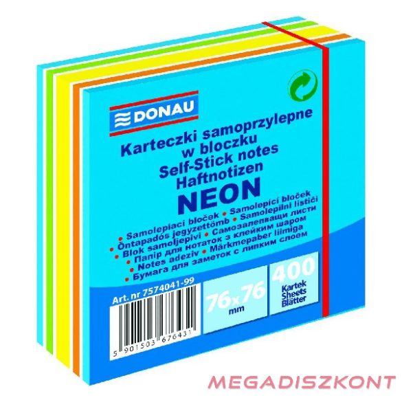 Öntapadó jegyzettömb DONAU 76x76 mm 400 lap vegyes neon színek kék