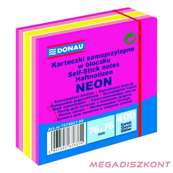 Öntapadó jegyzettömb DONAU 76x76 mm 400 lap vegyes neon színek rózsaszín