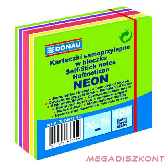 Öntapadó jegyzettömb DONAU 76x76 mm 400 lap vegyes neon színek zöld