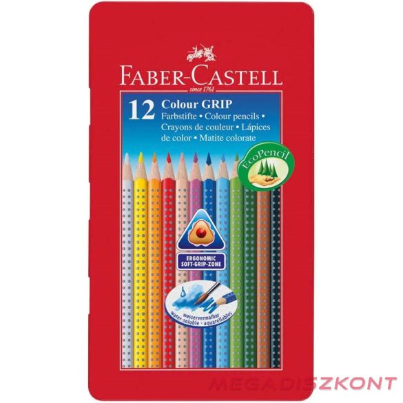 Színes ceruza FABER-CASTELL Grip háromszögletű fémdobozos 12 db/készlet