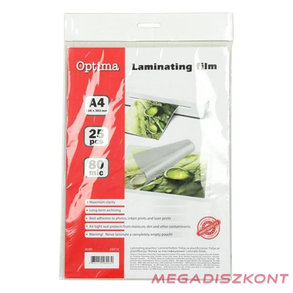 Lamináló fólia OPTIMA A/4 80 mikron fényes 25/csom