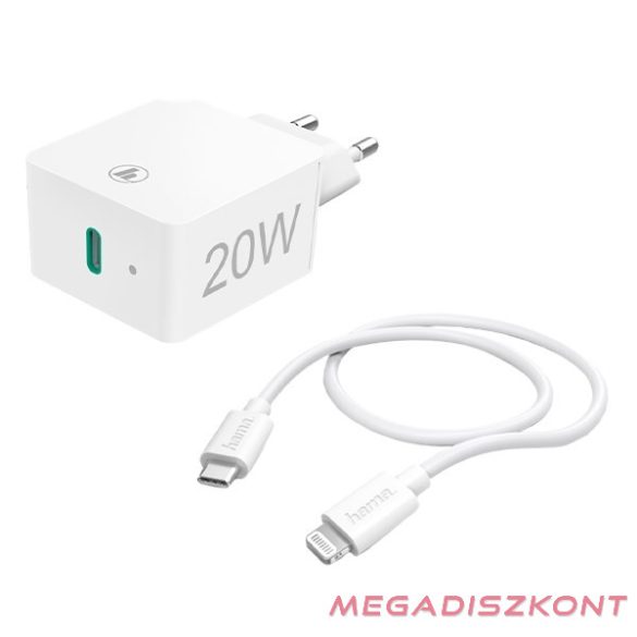 Hálózati adapter HAMA USB-C 20W + Lightning kábel fehér